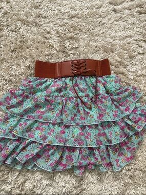 Speechless Aqua Floral Tiered Ruffle Skirt with Brown Lace-Up Waist